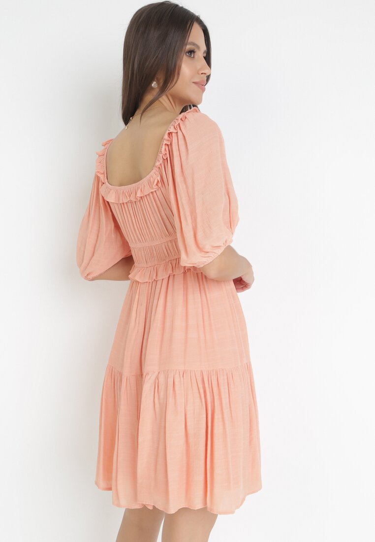 Pomarańczowa Rozkloszowana Mini Sukienka o Fasonie Hiszpanki w Stylu Boho Eligale
