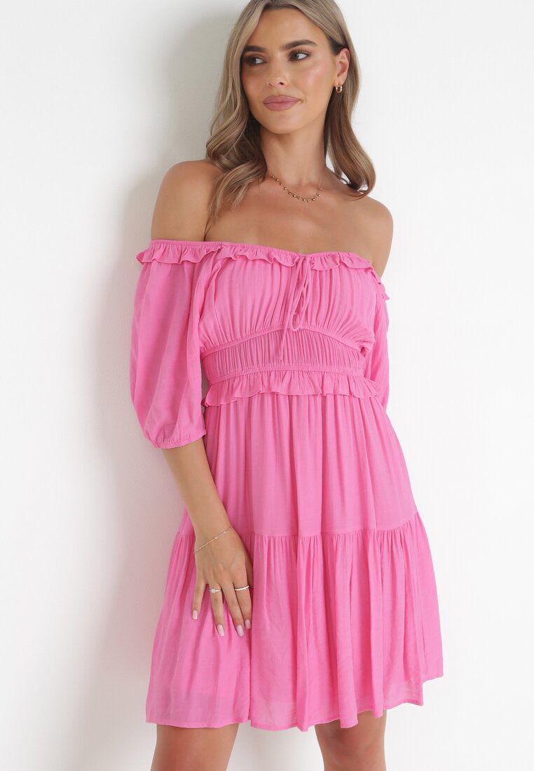 Fuksjowa Rozkloszowana Mini Sukienka o Fasonie Hiszpanki w Stylu Boho Eligale