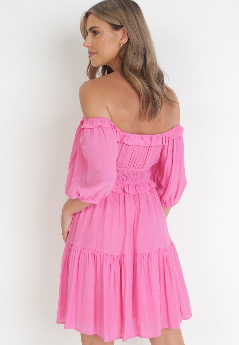 Fuksjowa Rozkloszowana Mini Sukienka o Fasonie Hiszpanki w Stylu Boho Eligale