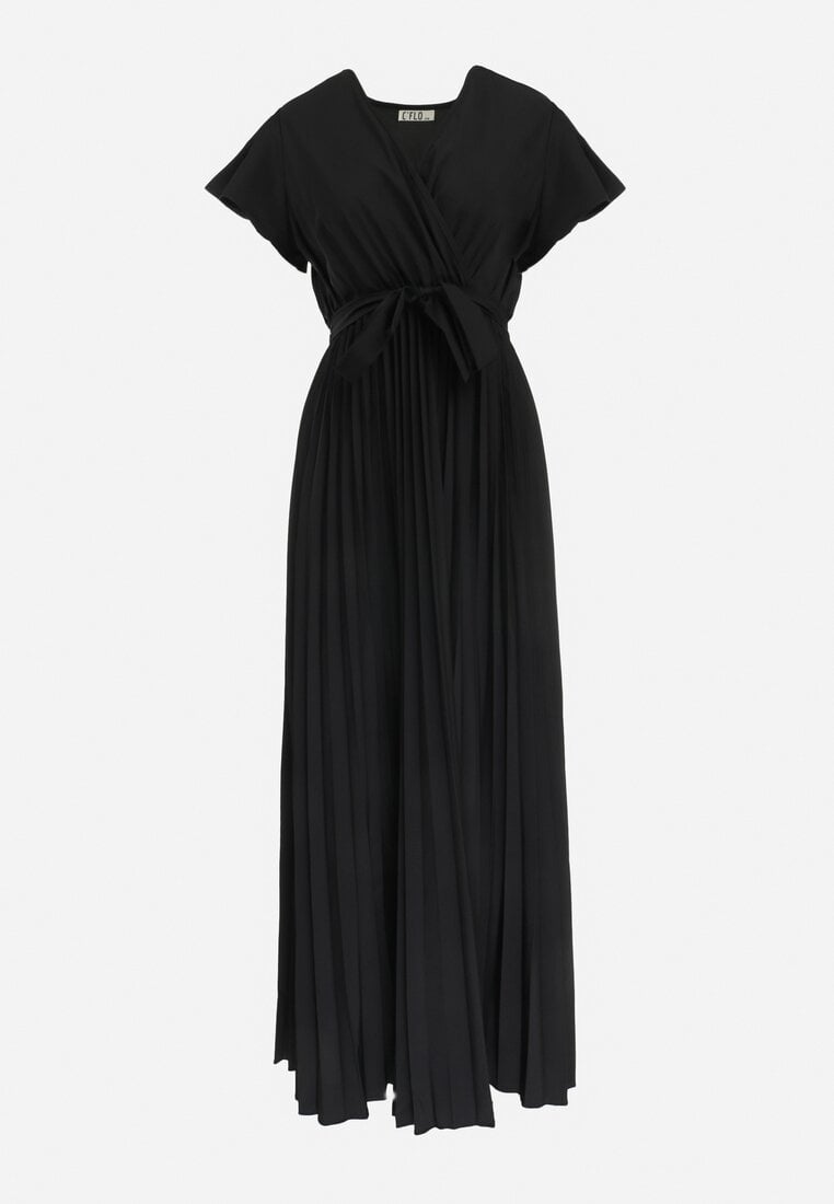 Czarna Elegancka Sukienka Maxi w Plisy z Kopertowym Dekoltem i Wiązaniem Thessi