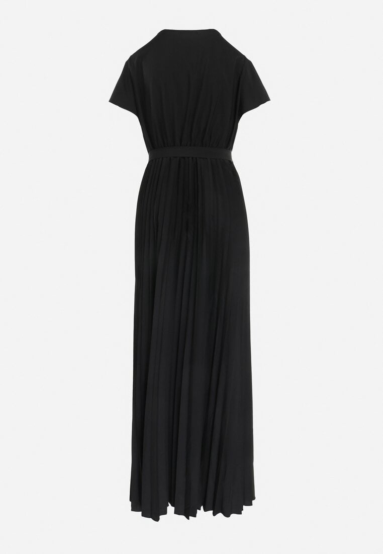 Czarna Elegancka Sukienka Maxi w Plisy z Kopertowym Dekoltem i Wiązaniem Thessi