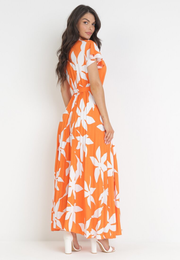 Pomarańczowa Plisowana Sukienka Maxi z Gumką w Pasie z Wiskozy w Kwiaty Rossemari