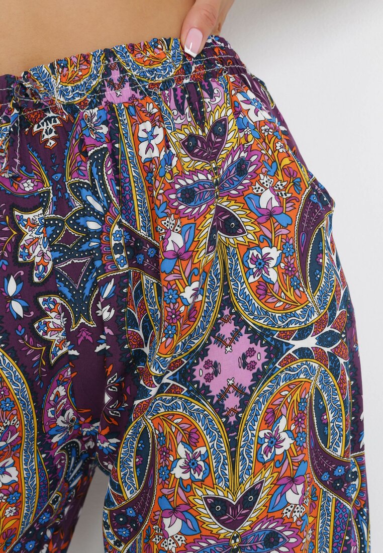 Fioletowe Wiskozowe Szerokie Spodnie z Gumką w Talii Saleh
