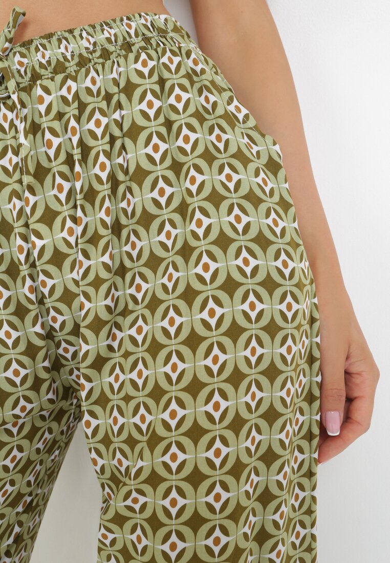 Zielone Spodnie z Wiskozy z Geometrycznym Wzorem i Gumką w Talii Metelia