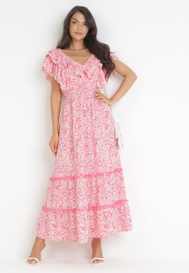 Różowa Rozkloszowana Sukienka Maxi z Ozdobnym Dekoltem i Gumką w Talii z Wiskozy Adyni