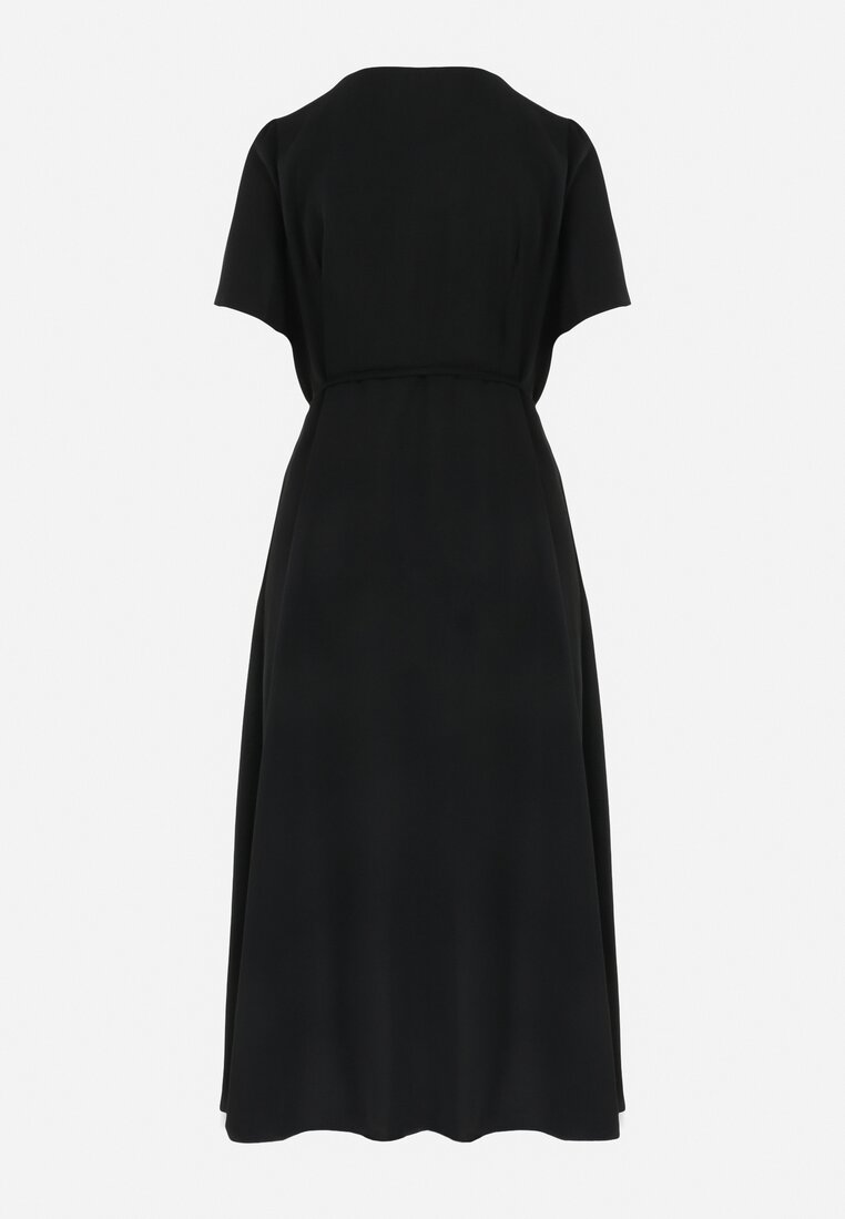 Czarna Kopertowa Sukienka Midi z Materiałowym Paskiem Rahellitte