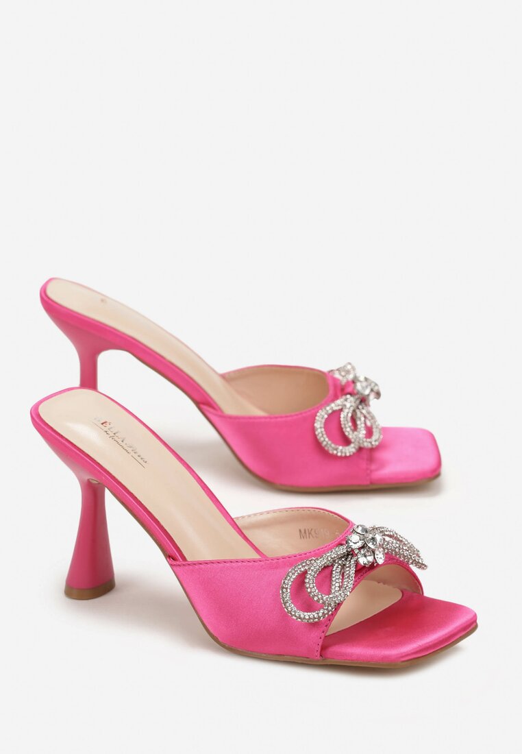 Fuksjowe Satynowe Klapki na Szpilce z Otwartym Kwadratowym Noskiem i Ozdobną Kokardką Lolle