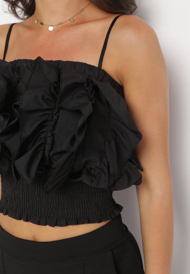 Czarny Krótki Top na Ramiączkach z Ozdobnymi Falbanami Angeta
