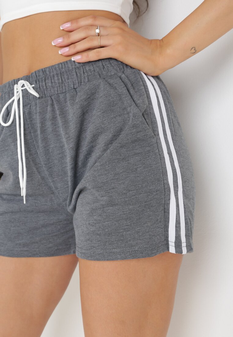 Ciemnoszare Dresowe Szorty High Waist z Gumką w Pasie i Wiązaniem Thainu