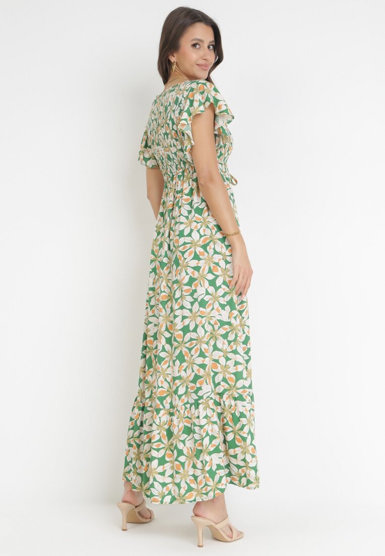 Zielona Rozkloszowana Sukienka Maxi z Wiskozy w Kwiaty Bathan