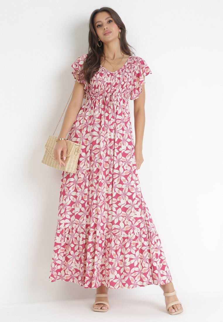 Różowa Rozkloszowana Sukienka Maxi z Wiskozy w Kwiaty Bathan
