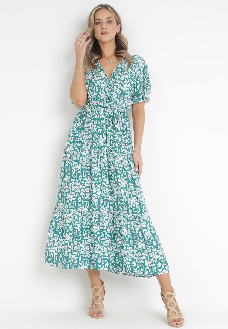 Zielona Wiskozowa Maxi Sukienka z Kopertowym Dekoltem i Materiałowym Paskiem Britilla