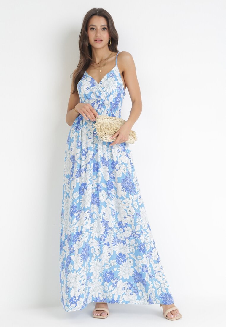 Niebieska Bawełniana Sukienka Maxi na Regulowanych Ramiączkach Tarectra