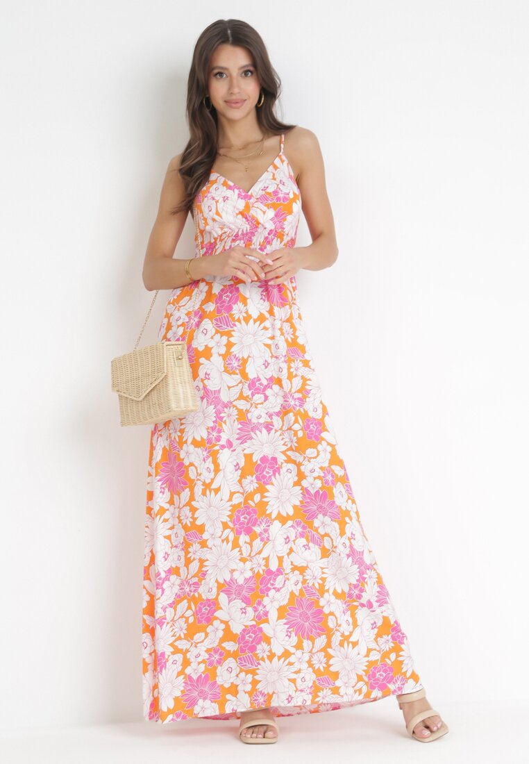 Pomarańczowo-Różowa Bawełniana Sukienka Maxi na Regulowanych Ramiączkach Tarectra