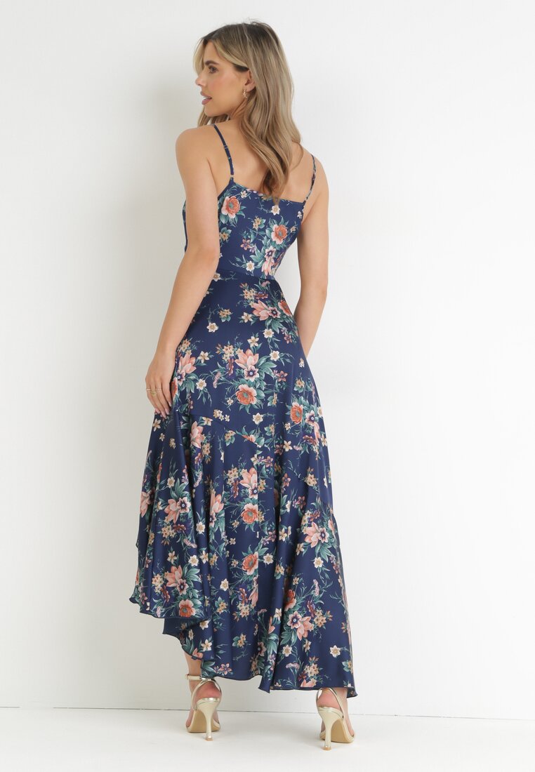 Granatowa Sukienka Maxi na Cienkich Ramiączkach z Asymetrycznym Dołem Nylas