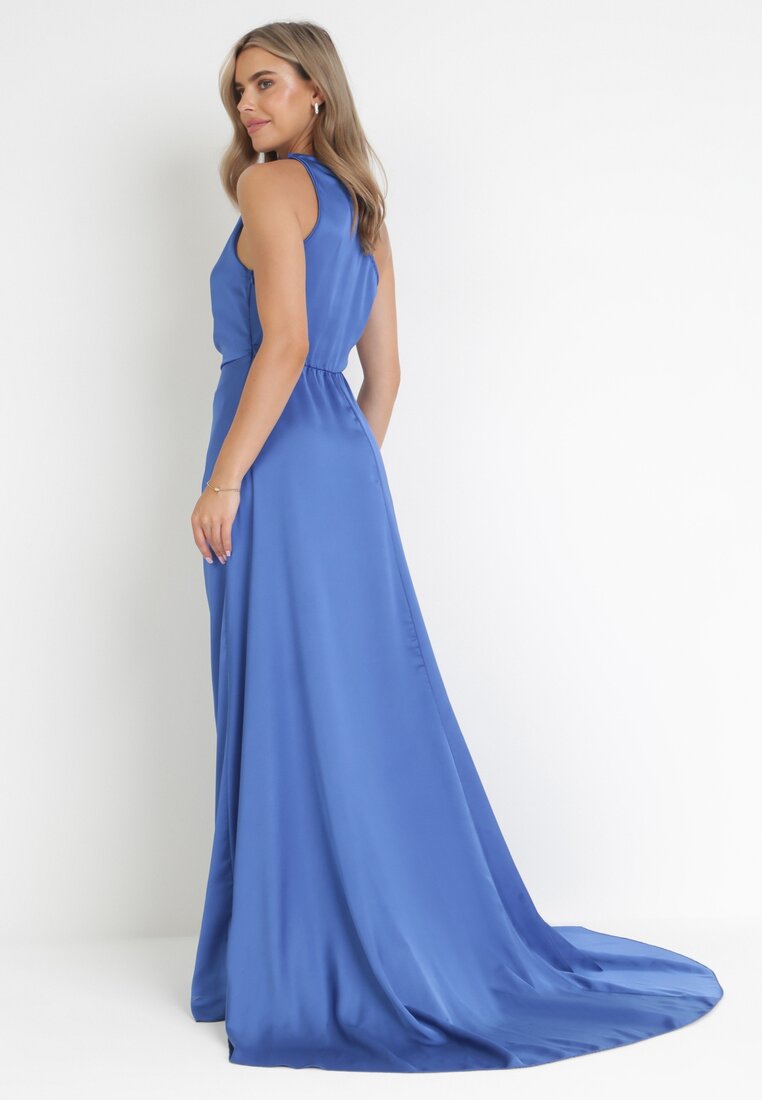 Niebieska Asymetryczna Sukienka na Jedno Ramię z Kopertowym Dołem Emmellis