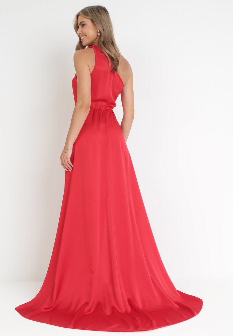 Czerwona Asymetryczna Sukienka na Jedno Ramię z Kopertowym Dołem Emmellis