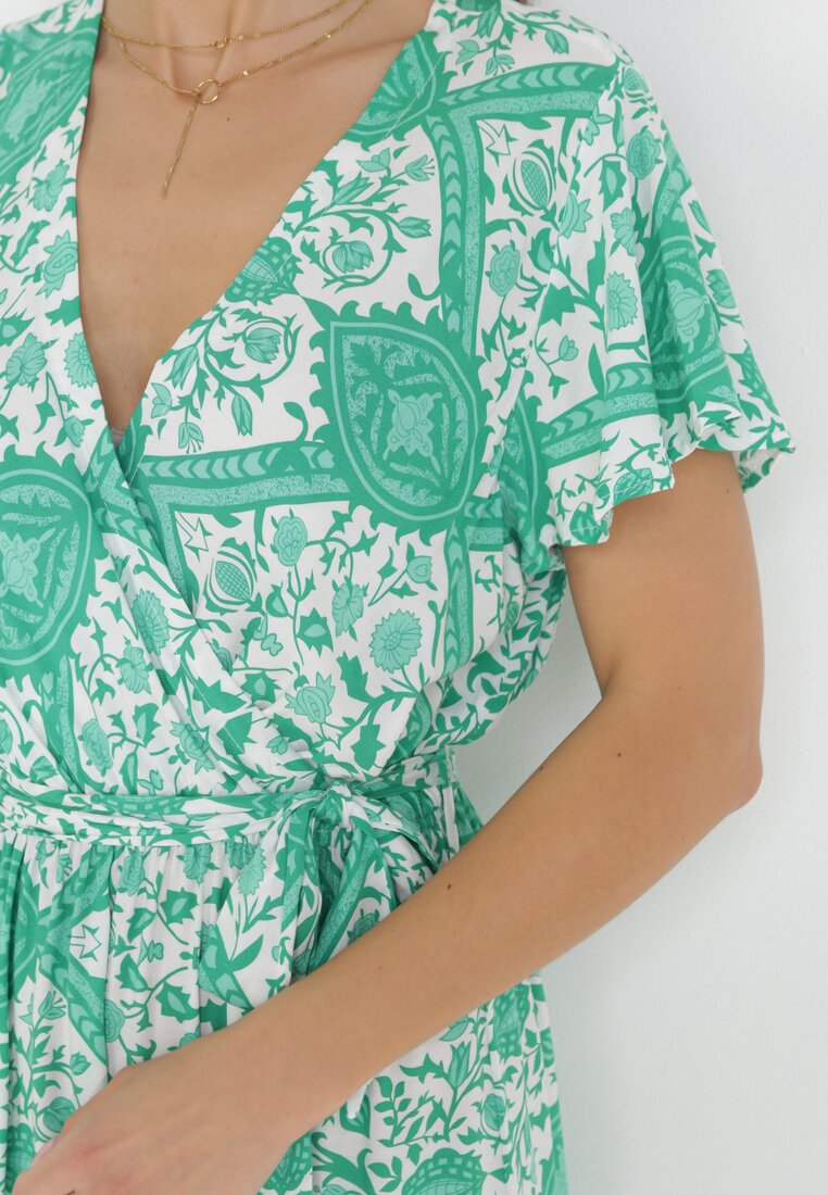 Zielona Rozkloszowana Sukienka Maxi z Wiązanym Paskiem Aziza