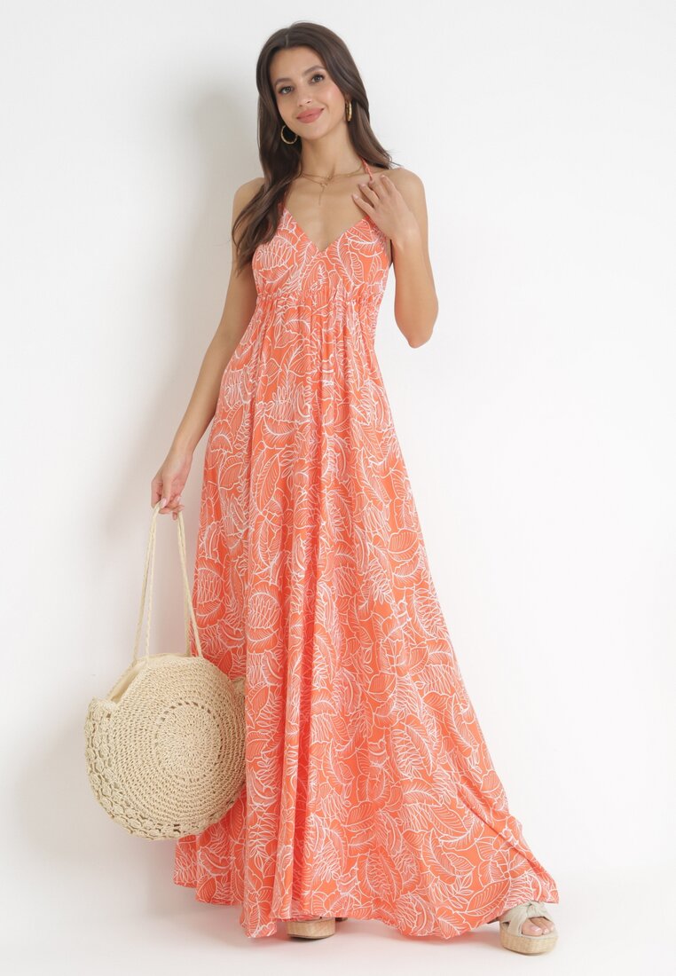 Pomarańczowa Rozkloszowana Sukienka Maxi z Wiązaniem na Szyi Inabella