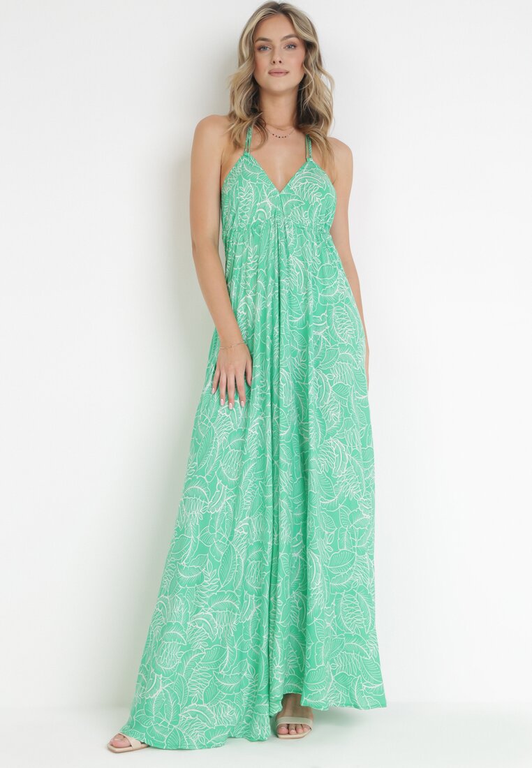 Zielona Rozkloszowana Sukienka Maxi z Wiązaniem na Szyi Inabella