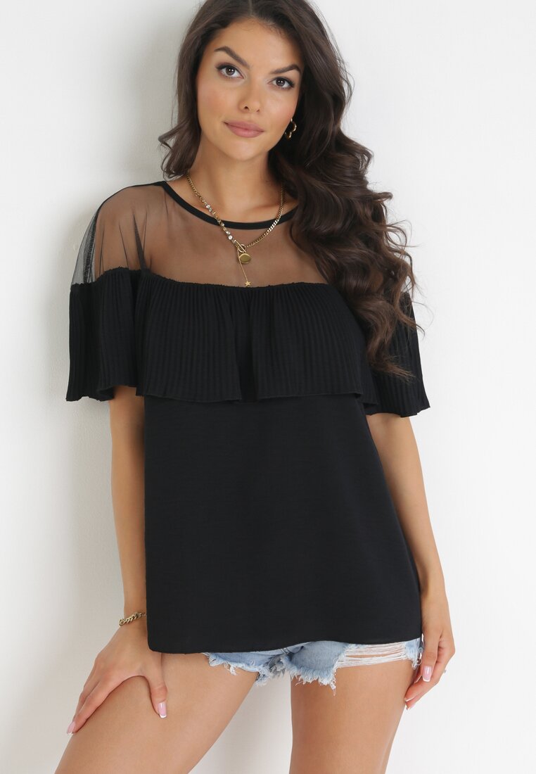 Czarna Bluzka z Plisowaną Falbaną i Wstawką z Siateczki Annabika