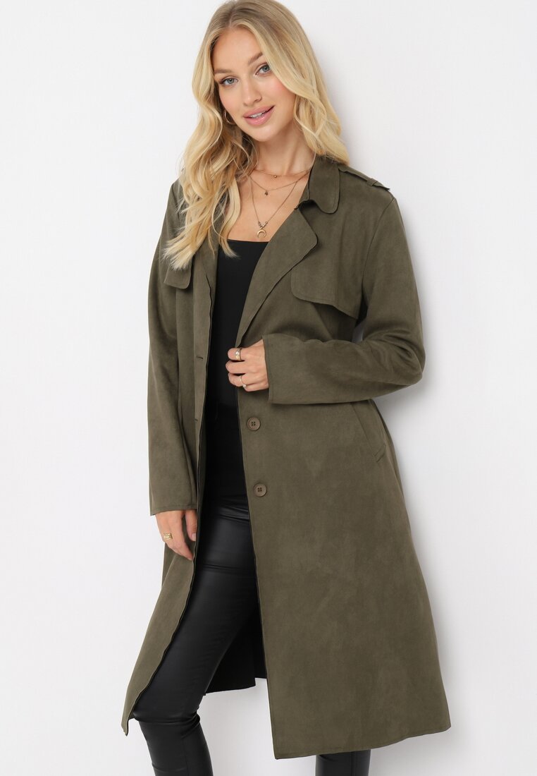 Zielony Płaszcz Zapinany na Guziki z Materiałowym Paskiem i Kieszeniami Karmell