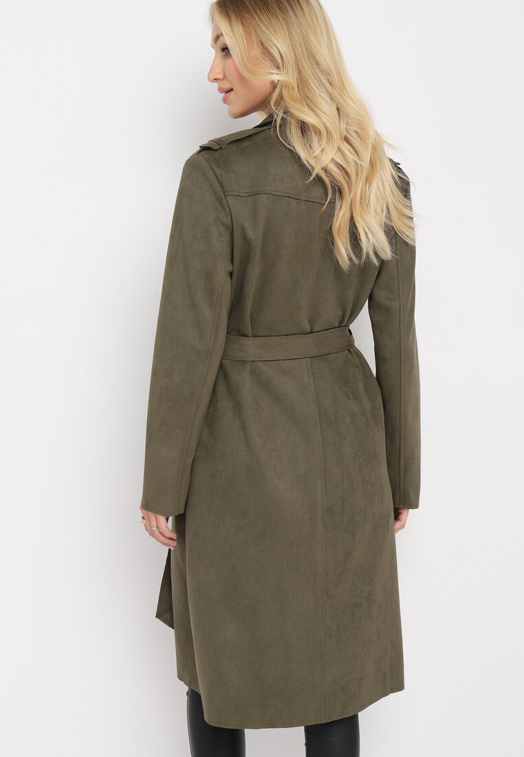 Zielony Płaszcz Zapinany na Guziki z Materiałowym Paskiem i Kieszeniami Karmell