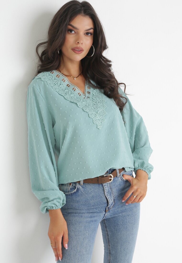 Miętowa Bluzka z Koronką i Tkaniną Plumeti Manthe