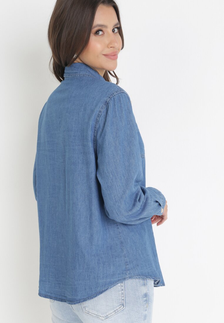 Niebieska Jeansowa Bawełniana Koszula na Guziki Haylina