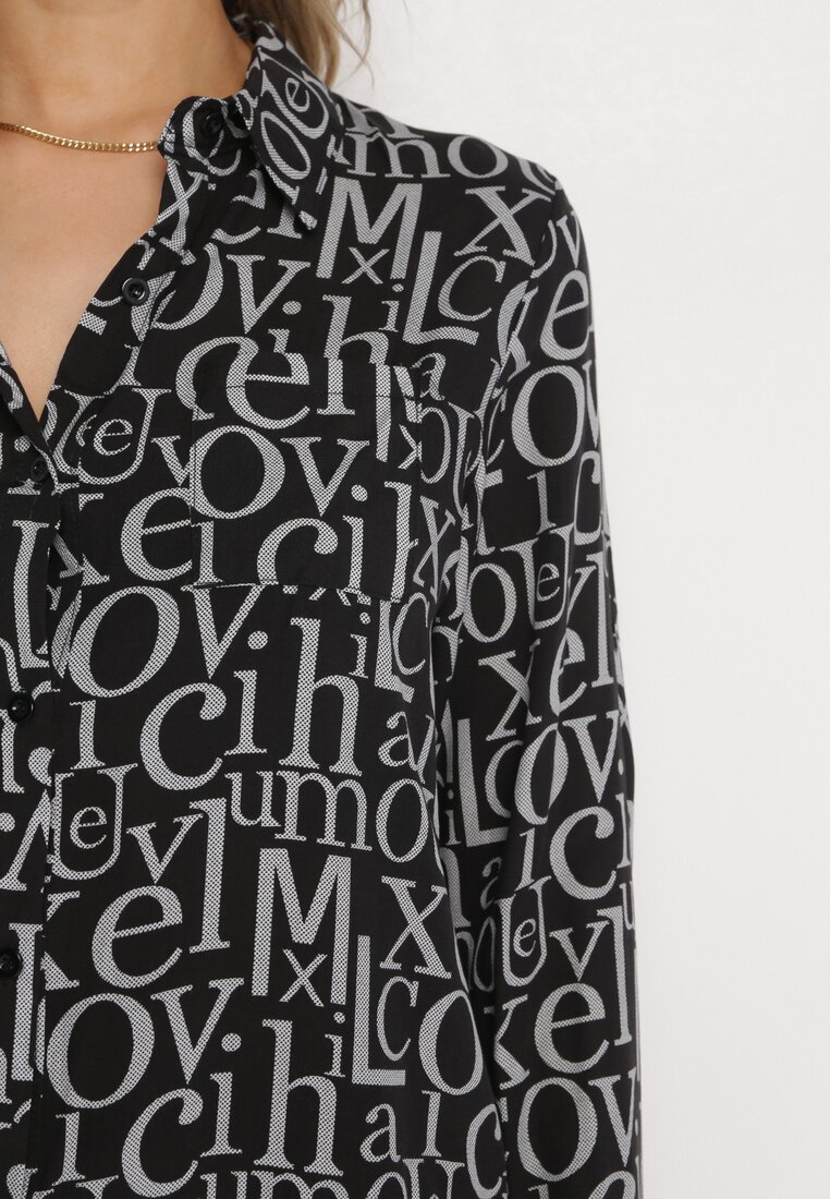 Czarna Wiskozowa Koszula w Modny Print z Długim Rękawem Mustacie