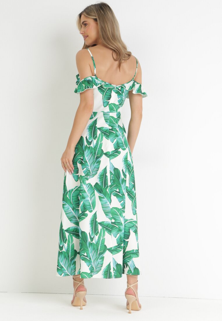Zielona Kopertowa Sukienka Maxi z Falbankami Przy Ramionach Dorinite