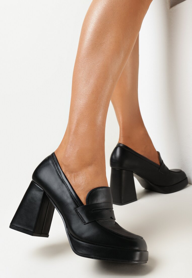 Czarne Półbuty na Słupku i Platformie z Kwadratowym Noskiem Anala