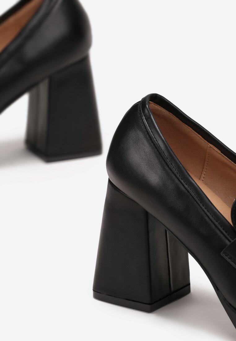 Czarne Półbuty na Słupku i Platformie z Kwadratowym Noskiem Anala