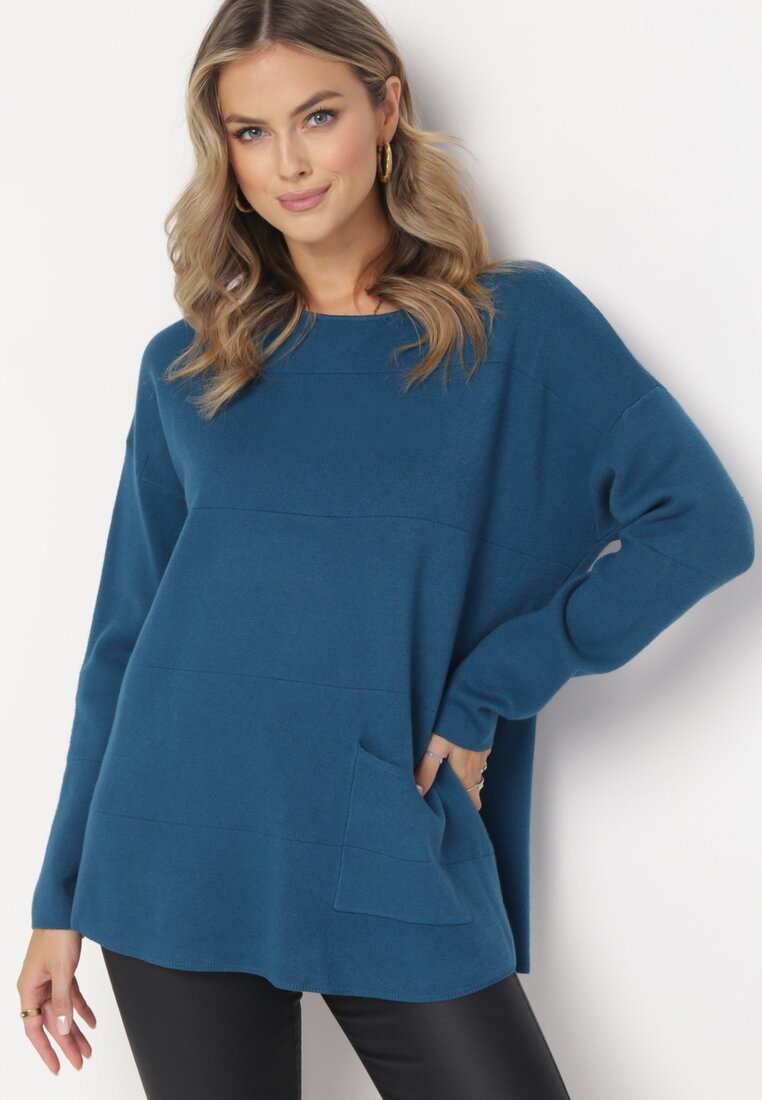 Granatowy Sweter z Długim Rękawem i Kieszonką Laydell