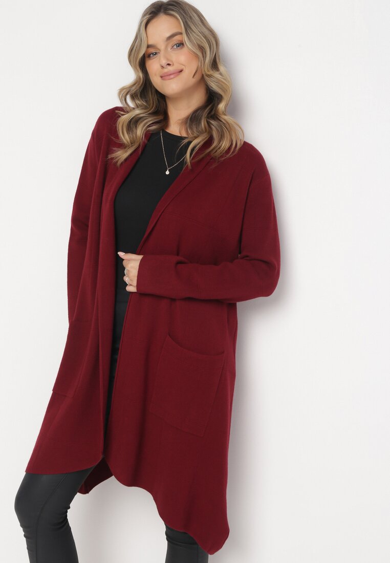 Bordowy Długi Kardigan Niezapinany Zahea
