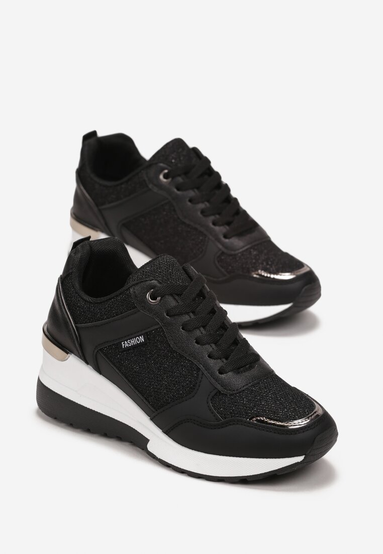 Czarne Sneakersy na Niskim Koturnie z Metalową Wstawką Ozdobione Brokatem Eudaina