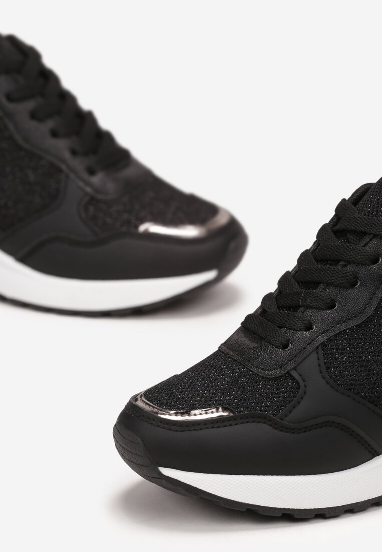 Czarne Sneakersy na Niskim Koturnie z Metalową Wstawką Ozdobione Brokatem Eudaina