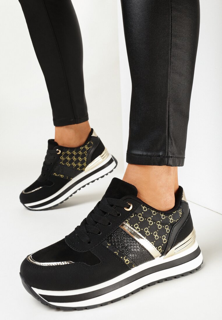 Czarne Wiązane Sneakersy na Płaskiej Grubej Podeszwie z Metaliczną Wstawką Evanosine