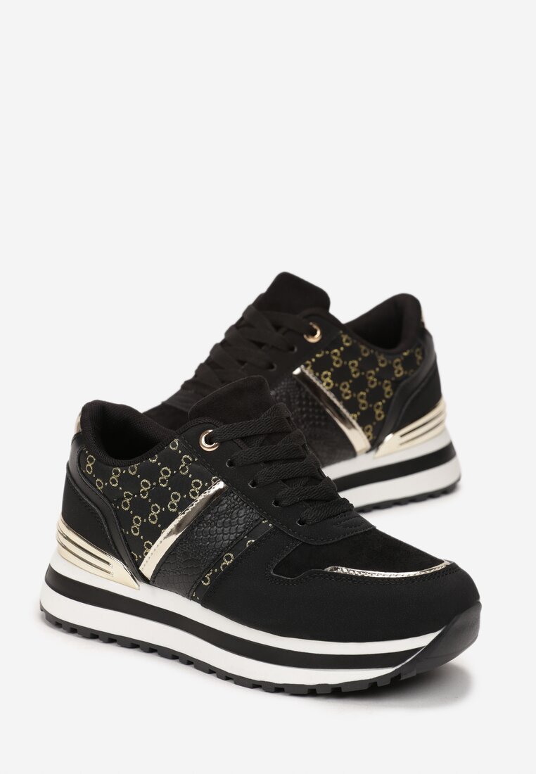 Czarne Wiązane Sneakersy na Płaskiej Grubej Podeszwie z Metaliczną Wstawką Evanosine