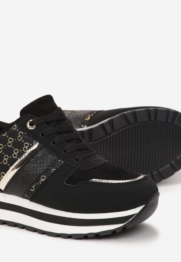 Czarne Wiązane Sneakersy na Płaskiej Grubej Podeszwie z Metaliczną Wstawką Evanosine