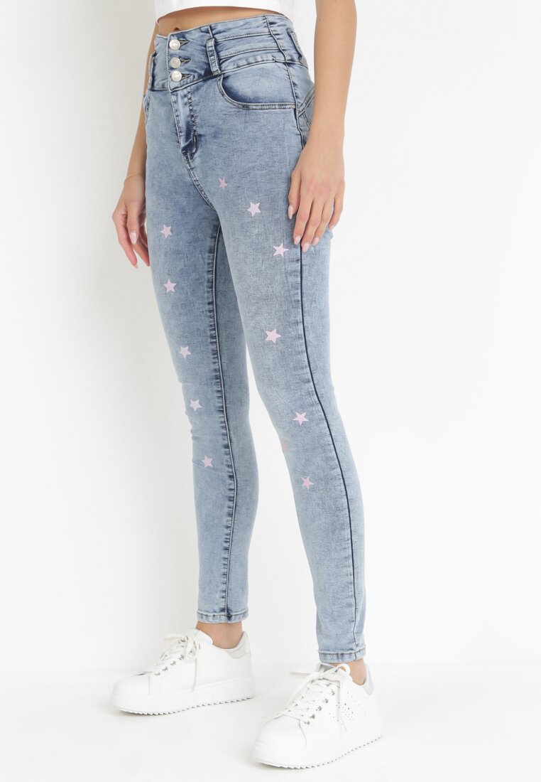 Jasnoniebieskie Jeansy Skinny Push Up z Gwiazdkami Eilerine