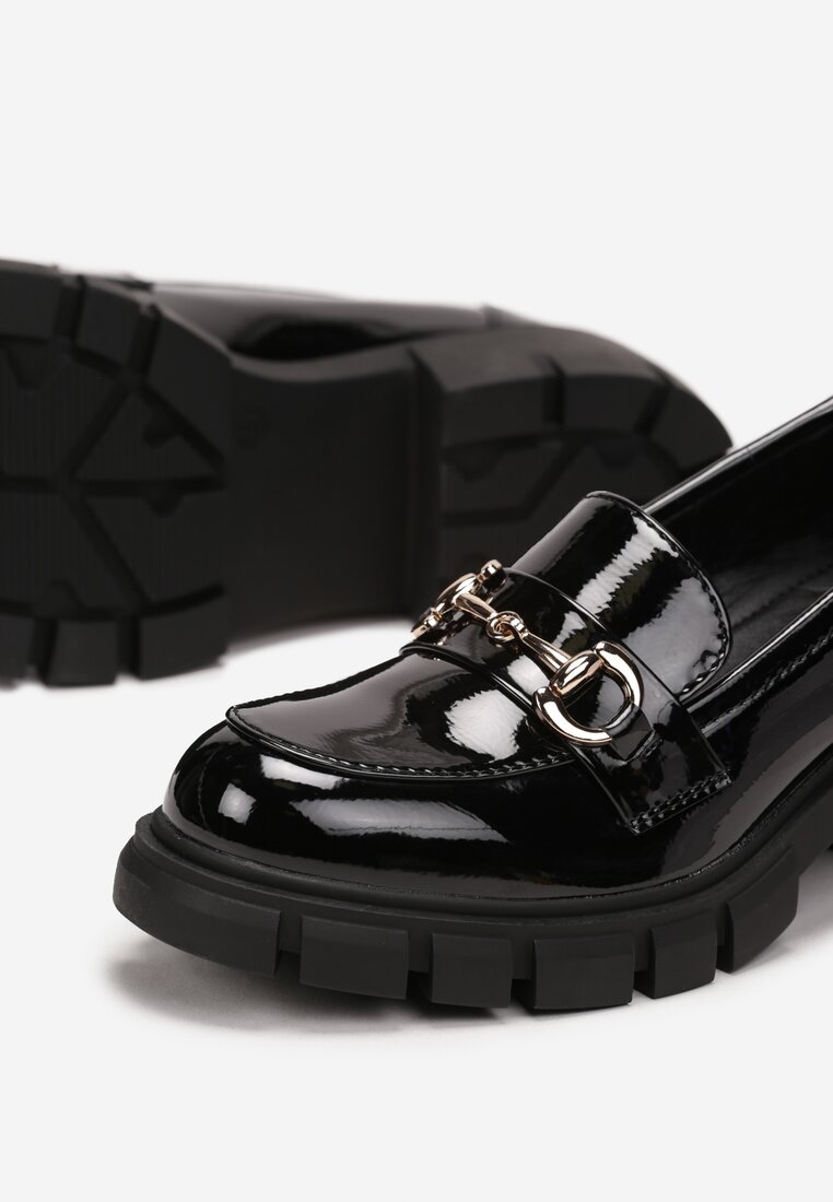 Czarne Mokasyny na Niskim Słupku z Klamerką Prospene