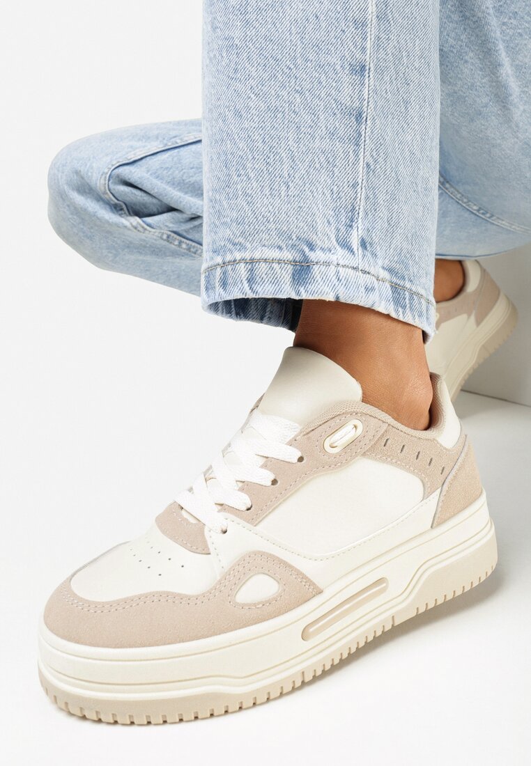 Beżowe Sneakersy przed Kostkę na Grubej Podeszwie Oshime