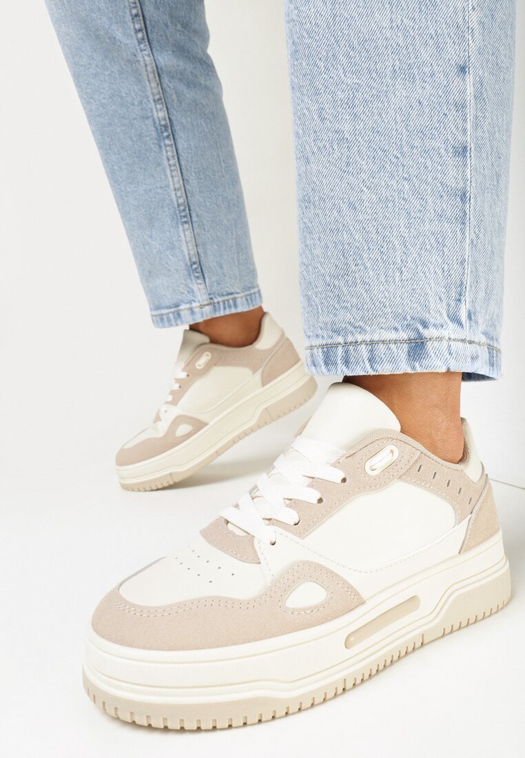 Beżowe Sneakersy przed Kostkę na Grubej Podeszwie Oshime