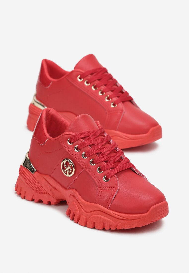 Czerwone Sneakersy na Grubej Podeszwie z Metaliczną Wstawką Kabama