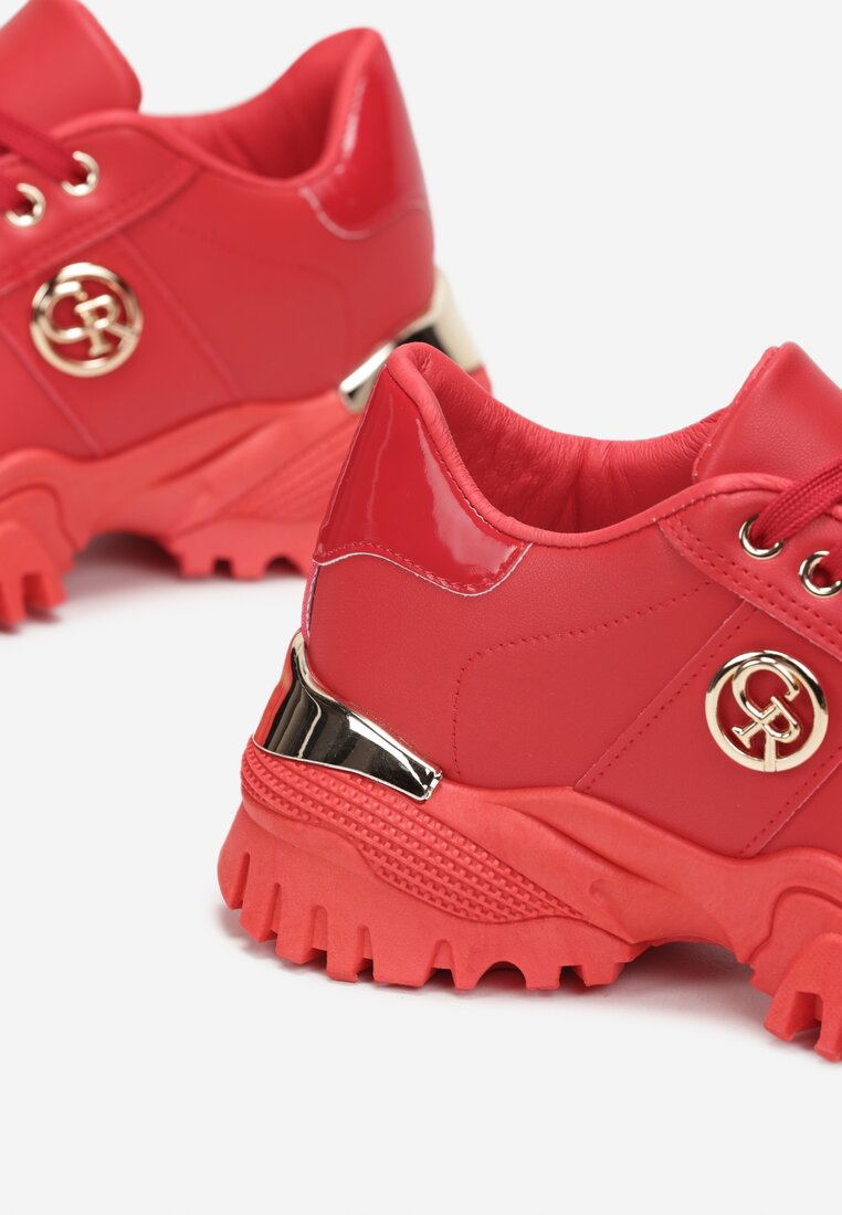 Czerwone Sneakersy na Grubej Podeszwie z Metaliczną Wstawką Kabama