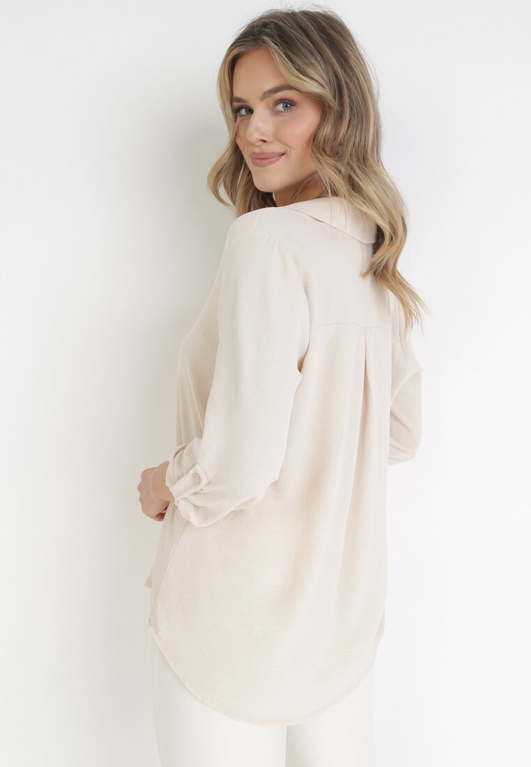 Beżowa Bluzka z Kołnierzykiem i Rękawem 7/8 Maki