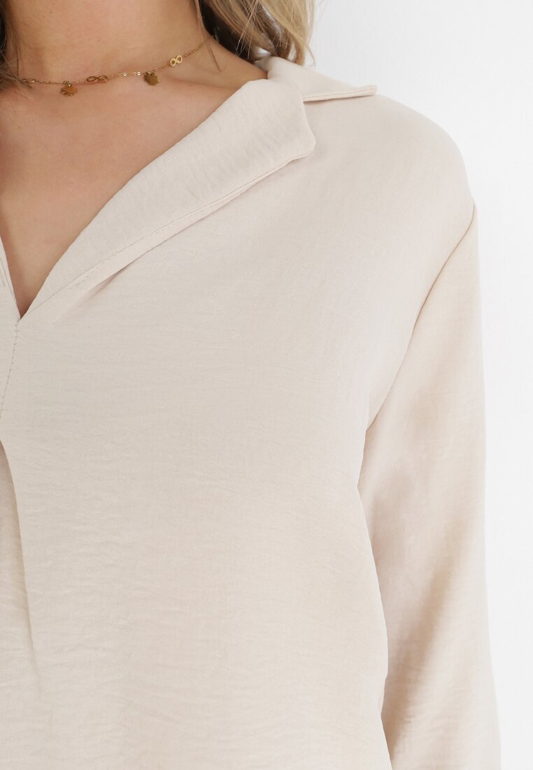 Beżowa Bluzka z Kołnierzykiem i Rękawem 7/8 Maki