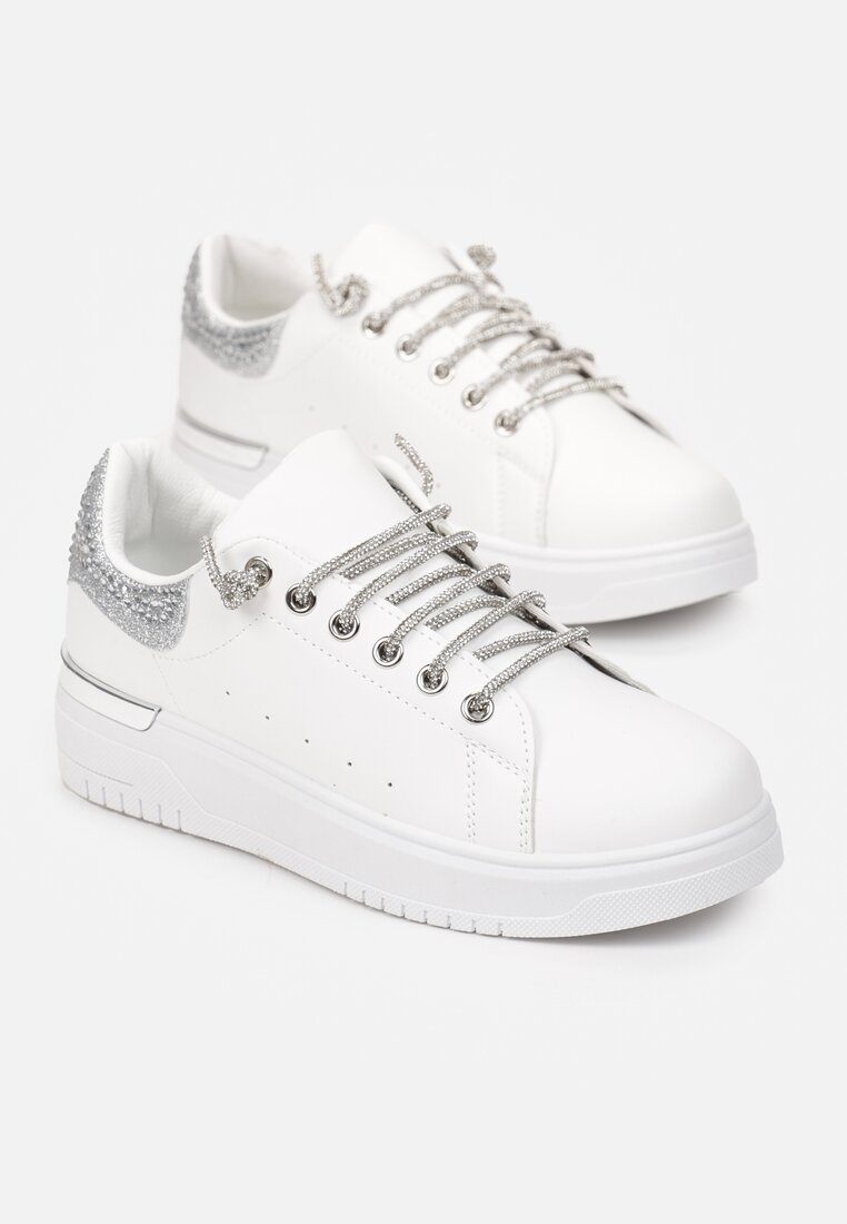 Biało-Srebrne Sznurowane Sneakersy na Płaskiej Podeszwie z Cyrkoniami Myleigh