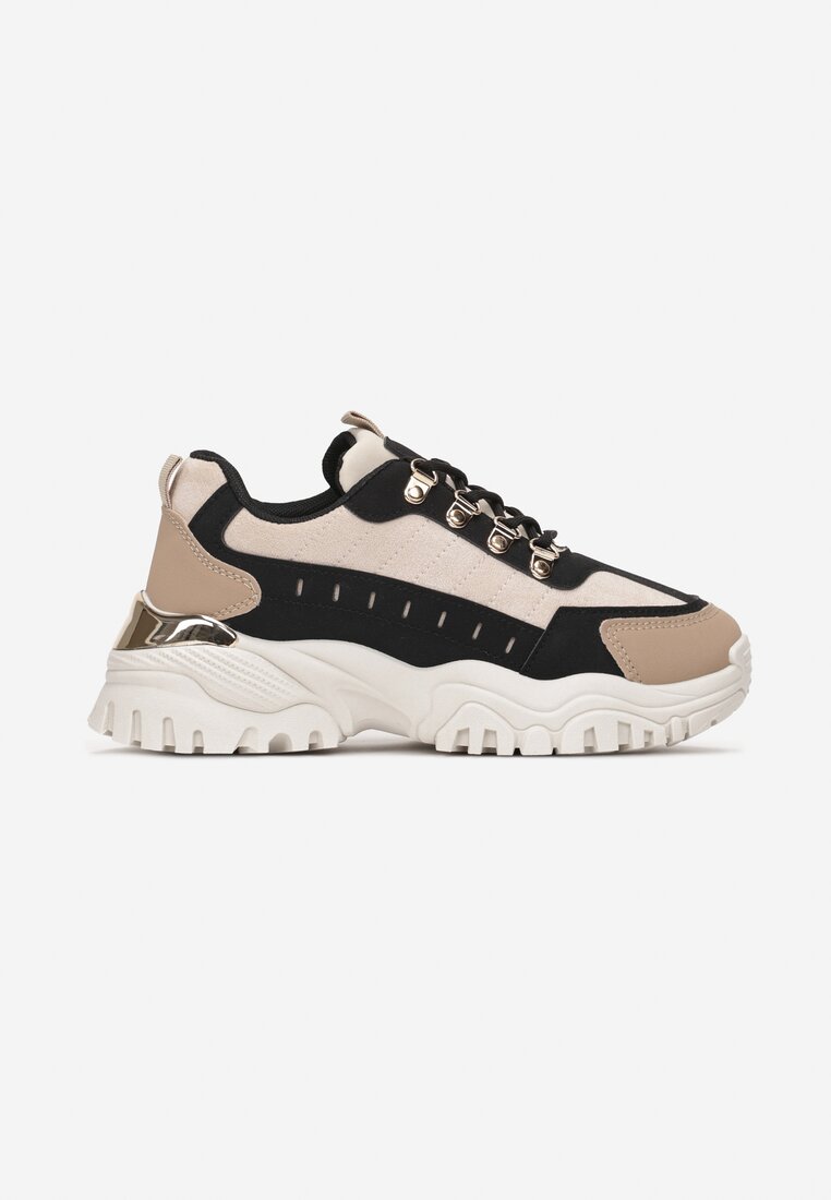 Beżowo-Czarne Sneakersy na Grubej Płaskiej Podeszwie z Cholewką przed Kostkę i Metaliczną Wstawką Umaia